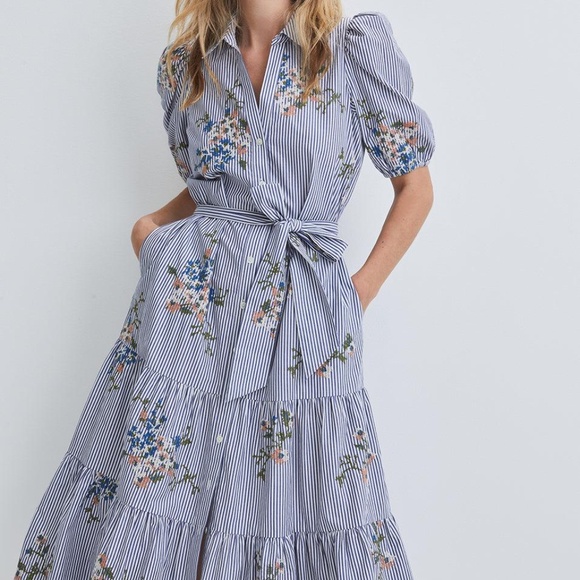 Veronica Beard Dresses & Skirts - Veronica Beard Blue & White Striped Floral Tie-Waist Midi Dress